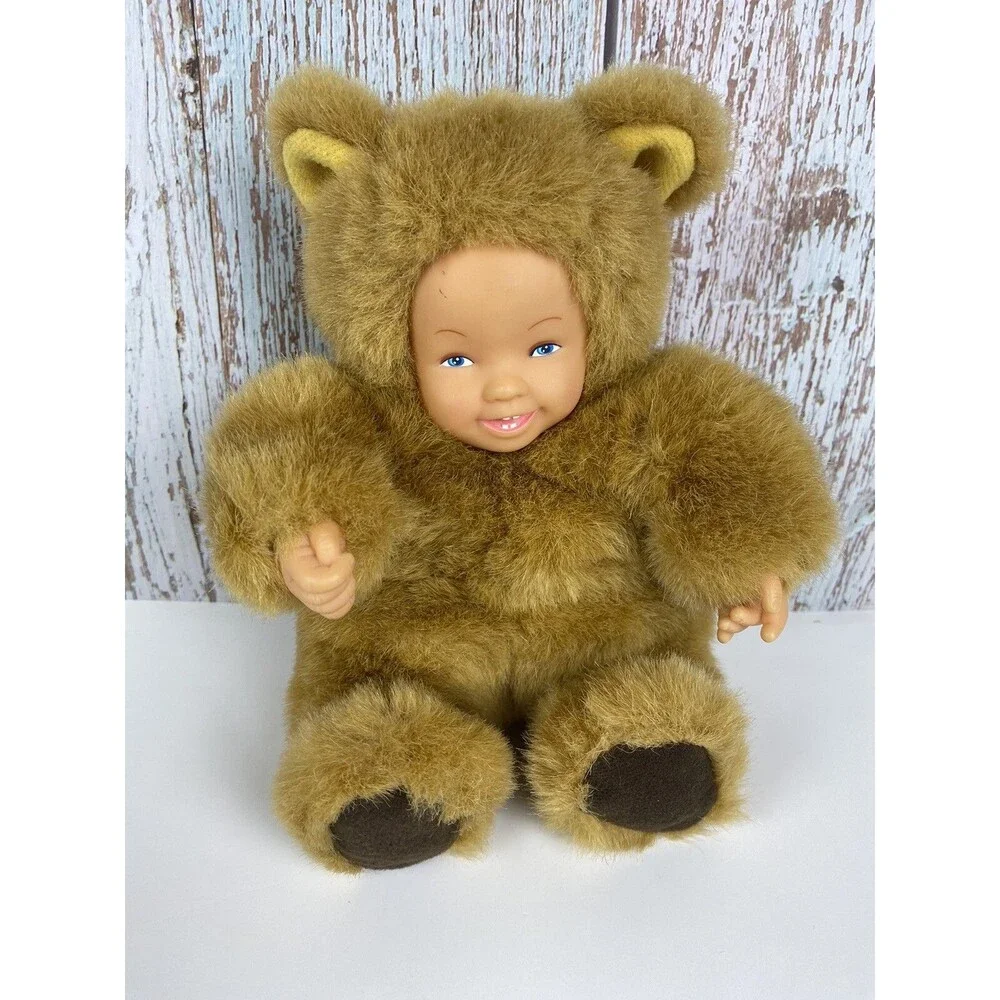 Vintage Anne Geddes Bean Filled Teddy Bear Baby Doll Plush Blue Eyes Tan 8